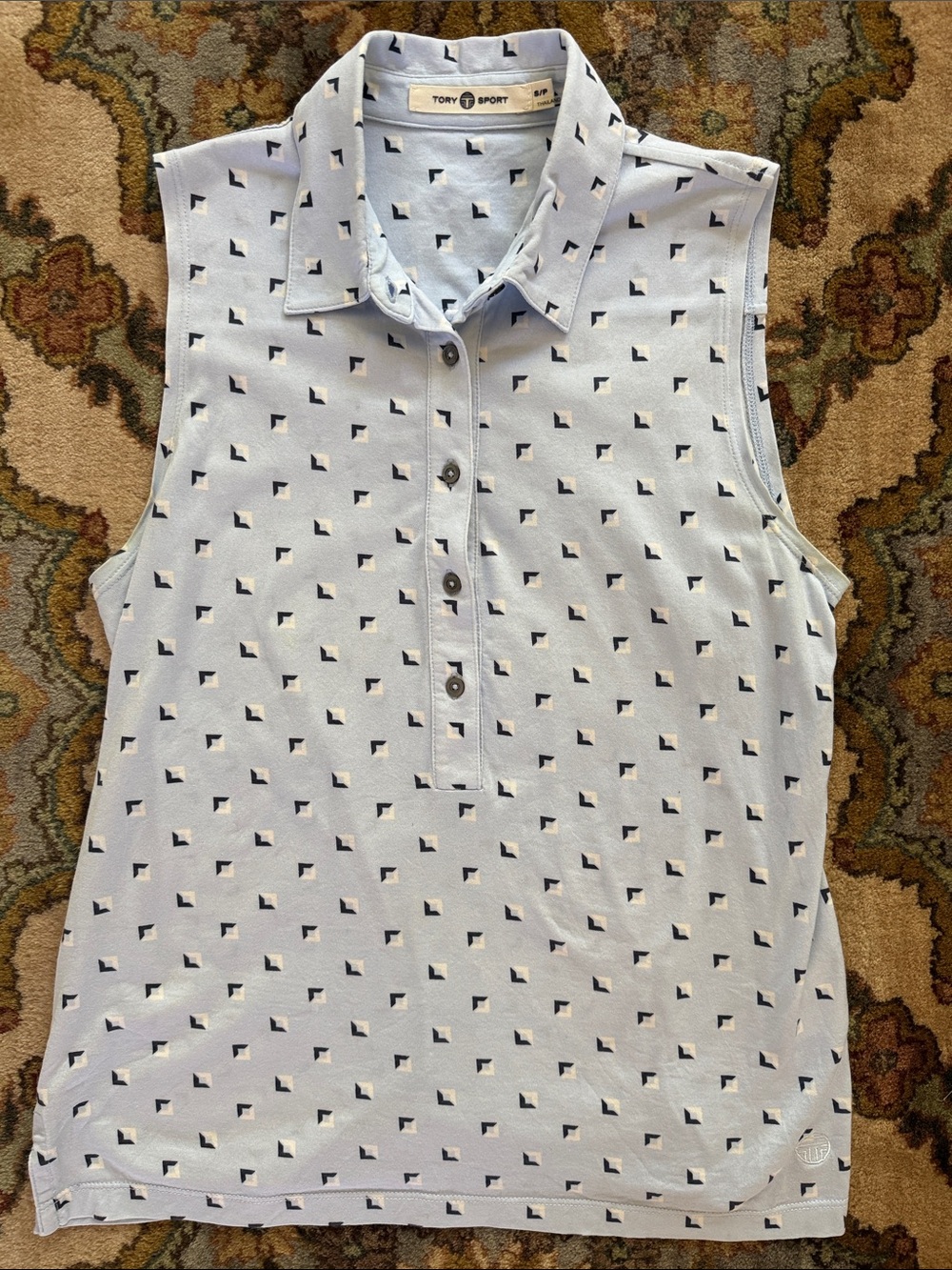 Tory Sport Light Blue Sleeveless Button-Down Top with Navy Geo Print